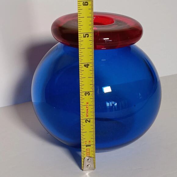 Art Glass Cobalt Blue With Red Open Top Bottle 5"H - Picture 8 of 13